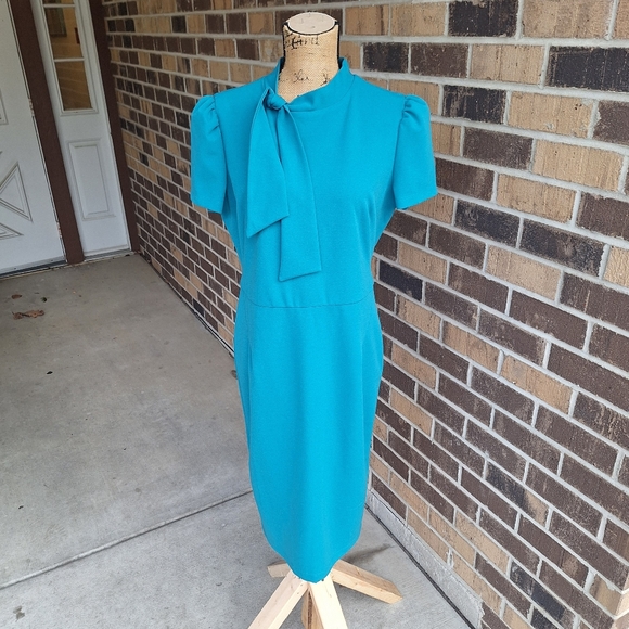 Maggy London Tie Neck Teal Dress - Picture 5 of 14